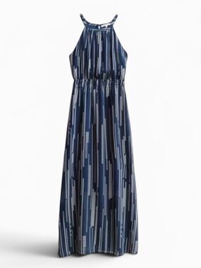 Collective Concepts Navy Halter-Neck Maxi Dress with Vertical Dot Stripes
